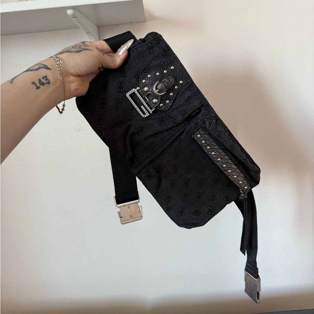 Guess Black Studded Belt Bag with Buckle Detail